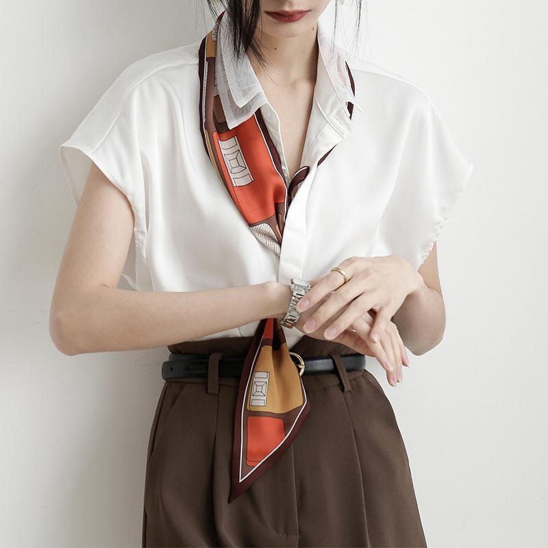 ブラウス レディース シャツ 夏 半袖 Vネック トップス シフォン 白 光沢感 上品 通勤 シルク風 大人 OL オフィス ビジネス オシャレ 30代 40代 50代