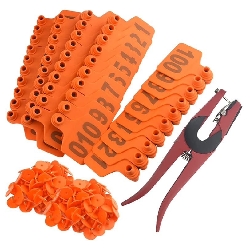 WMYCONGCONG 家畜用耳タグ 1-100番号 動物耳タグ 動物識別 家畜管理 羊 豚 牛 イヤータグ 耳標 オレンジ色 と1個 耳タグ除去プライヤー 耳タグプライヤー 家畜タグパンチツール 農 5,074円