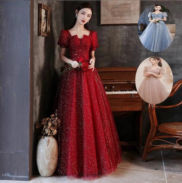 お嬢様 高級感 結婚式ドレス 韓国風 プリンセスライン 半袖 ロング丈ワンピース 宴会ドレス ロングドレス パーティードレス Aラインドレス 洋服 スレンダー 花嫁の介添え人 ドレス 忘年会 ステージ