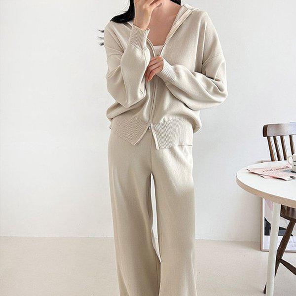 Hスタイル(SET)ニットログジップアップセット 春 晩春 女性 トレーニングウェアセット スウェットセット パンツセットアップ ホームウェア