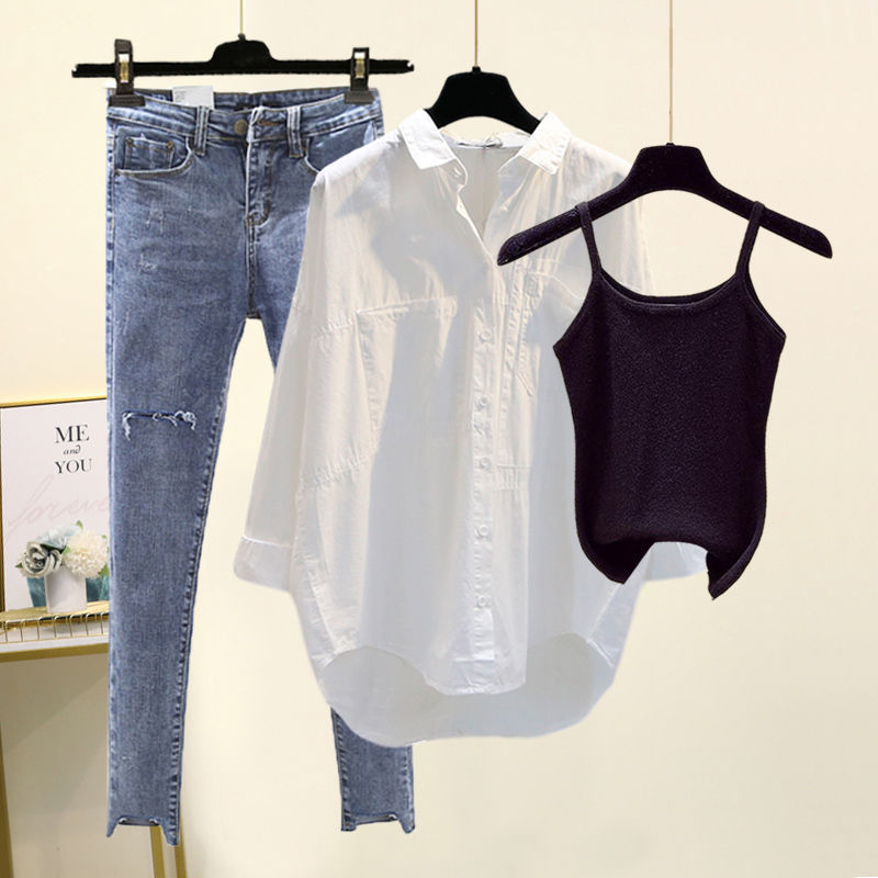 【人気上昇中】 大きいサイズ 3点セット 折り襟ポケット付きシャツ+キャミソール＋ハイウエストデニム