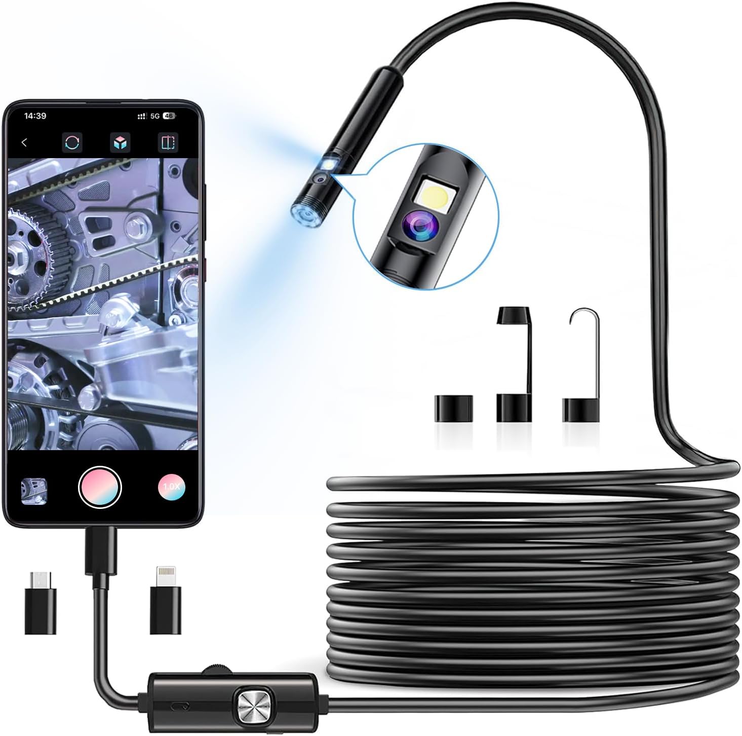 ファイバースコープ カメラ デュアルレンズ 7.8mm 極細レンズ 防水 工業用 内視鏡 270万画素 ケーブル5M 9LED付き 自動車修理 配管配線工事 点検用作業 ABY-121
