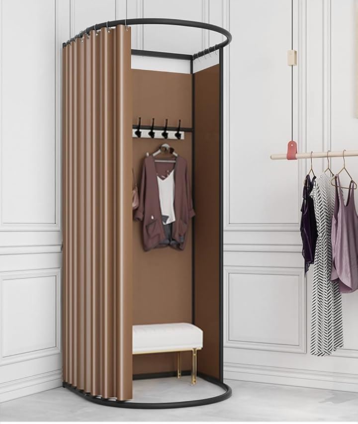 フィッティングルーム 試着室 更衣室 着替え 遮光カーテン シェーディングカーテン付き 衣料品店 洋服店 催事場 安定感 広いスペース 組立簡単 フック付き 仮設 取外し(ブラウン)