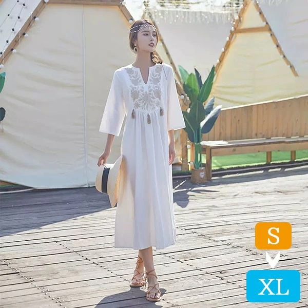 ハワイ リゾートワンピース マキシ丈 七分袖 体型カバー 大きめ ゆったり 刺繍 民族風 夏ワンピ ロングワンピース 沖縄 海外旅行 ホワイト レディース マキシワンピース おしゃれ 大人可愛い dm