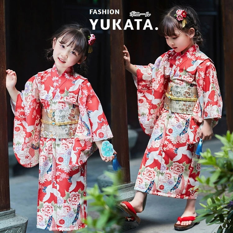 子供浴衣 YUKATA 作り帯 結び 女の子 ガールズ ドレス キッズ レッド 浴衣セット 可愛い浴衣 浴衣 子供用 簡単着付け 花火大会 櫻 夏祭り ハロウィン コスプレゆかた 夏ファッション ダン