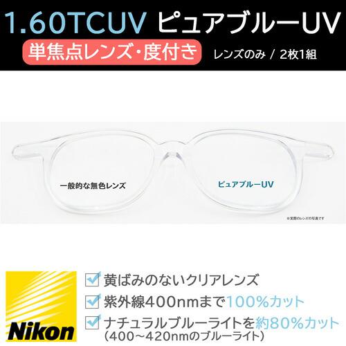 光対策レンズ 1.60TCUV ピュアブルーUV (単焦点・度あり 範囲あり / レンズのみ2枚1組)