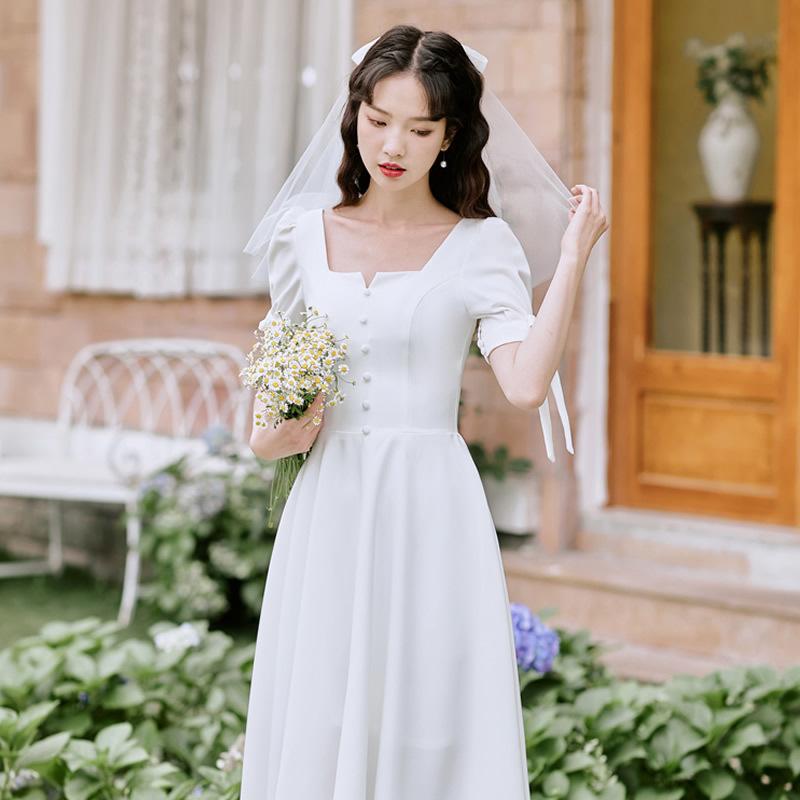 ウェディングドレス 半袖 長袖 サテン 春夏秋 二次会 結婚式 ブライダル ワンピース 前撮り 海外挙式 花嫁 リゾートウェディング 記念撮影 ウエディングドレス