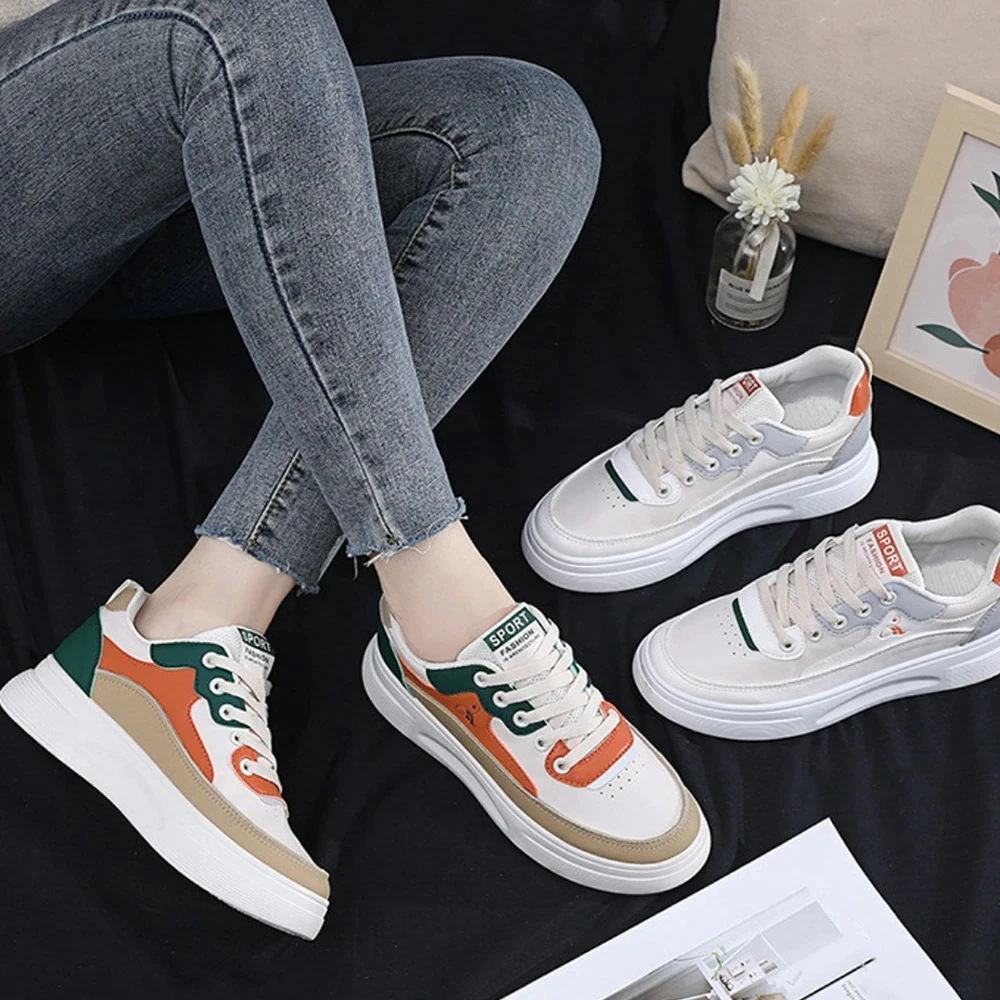 ローカット 配色スニーカーレディース 美脚 ローヒール韓国春夏 レトロ紐スニーカー 通勤通学 シューズ