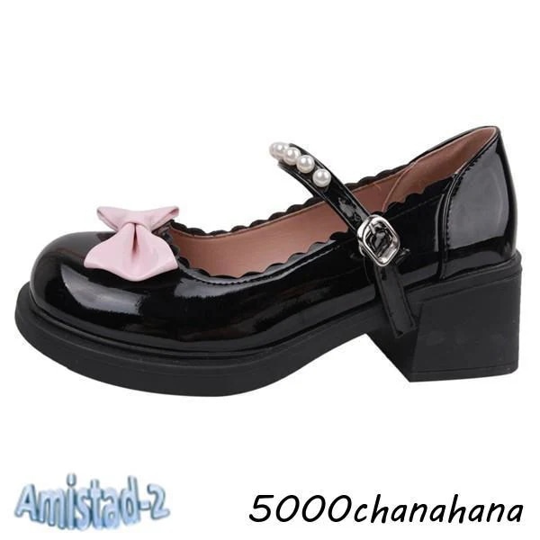 ロリータパンプス サブカル パンク ラウンドトゥ ストライプ [本日のセール]パンプス 蝶結び フリル ロリータ靴 地雷系 レディース 太ヒール エナメル