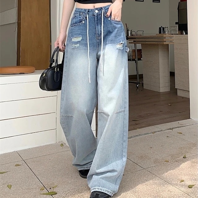 2024春夏パンツ デニム ジーンズ グラデーション ワイド ストレート ハイウエスト 脚長効果 美脚効果 細見え 春 カジュアル おしゃれ かわいい 韓国ファッション レディース お出かけ安い