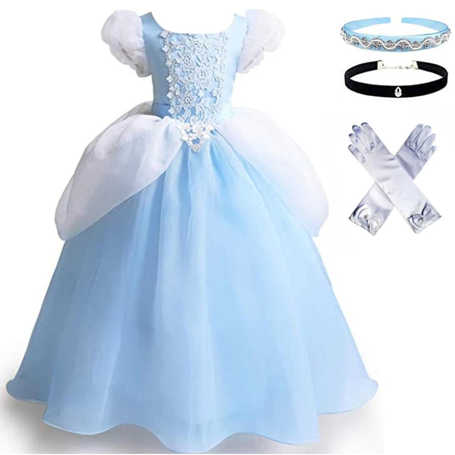 【大特価激安】シンデレラ ドレス 子供 コスプレ 衣装 豪華4点 セット ( プリンセス ドレス 手袋 カチューシャ チョーカー ) 100 110 120 130 140 CREDIBLE