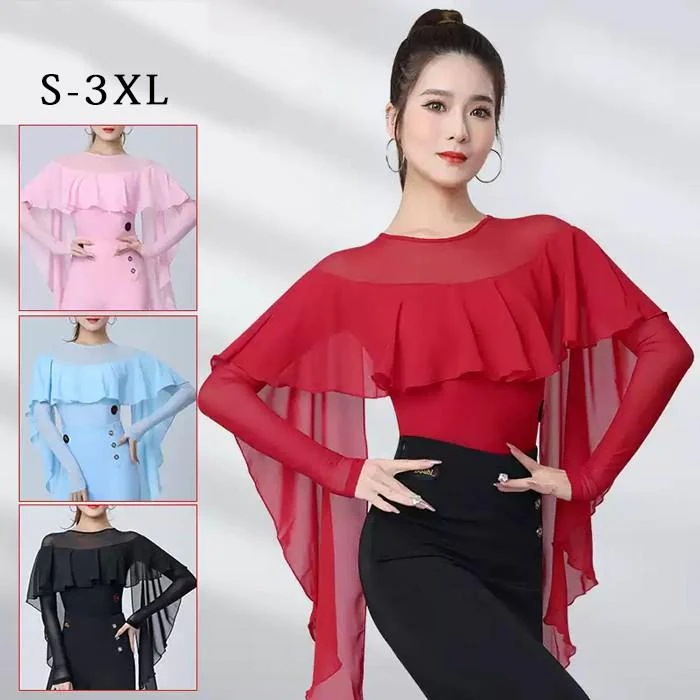 社交ダンス トップス レオタード 股下ホック 長袖 透け感 フリル 胸パッド付き ラテン モダン タンゴ サンバ ダンスウェア ブラック レッド ピンク ブルー S-3XL