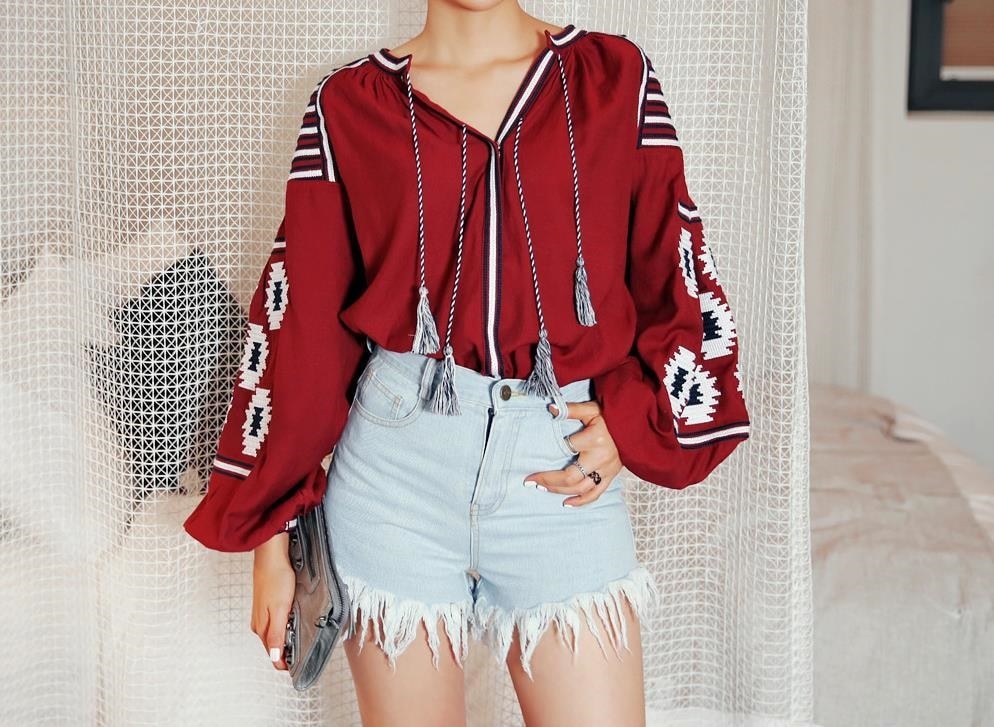 3436.ボヘミアンな長袖ブラウス（レッド）2019 春夏 カジュアル 普段使いカーディガン