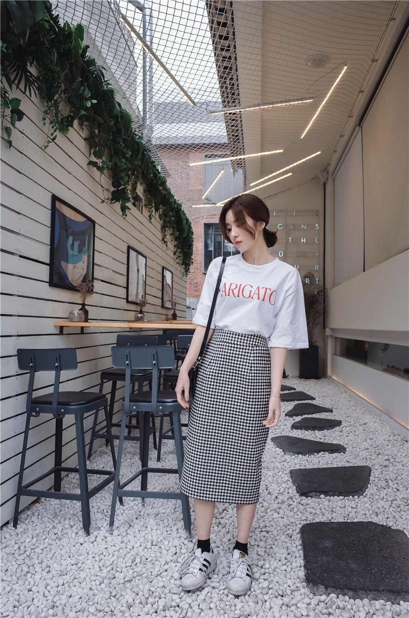 3053.Iライン ギンガムチェック柄ロングスカート（ブラック）