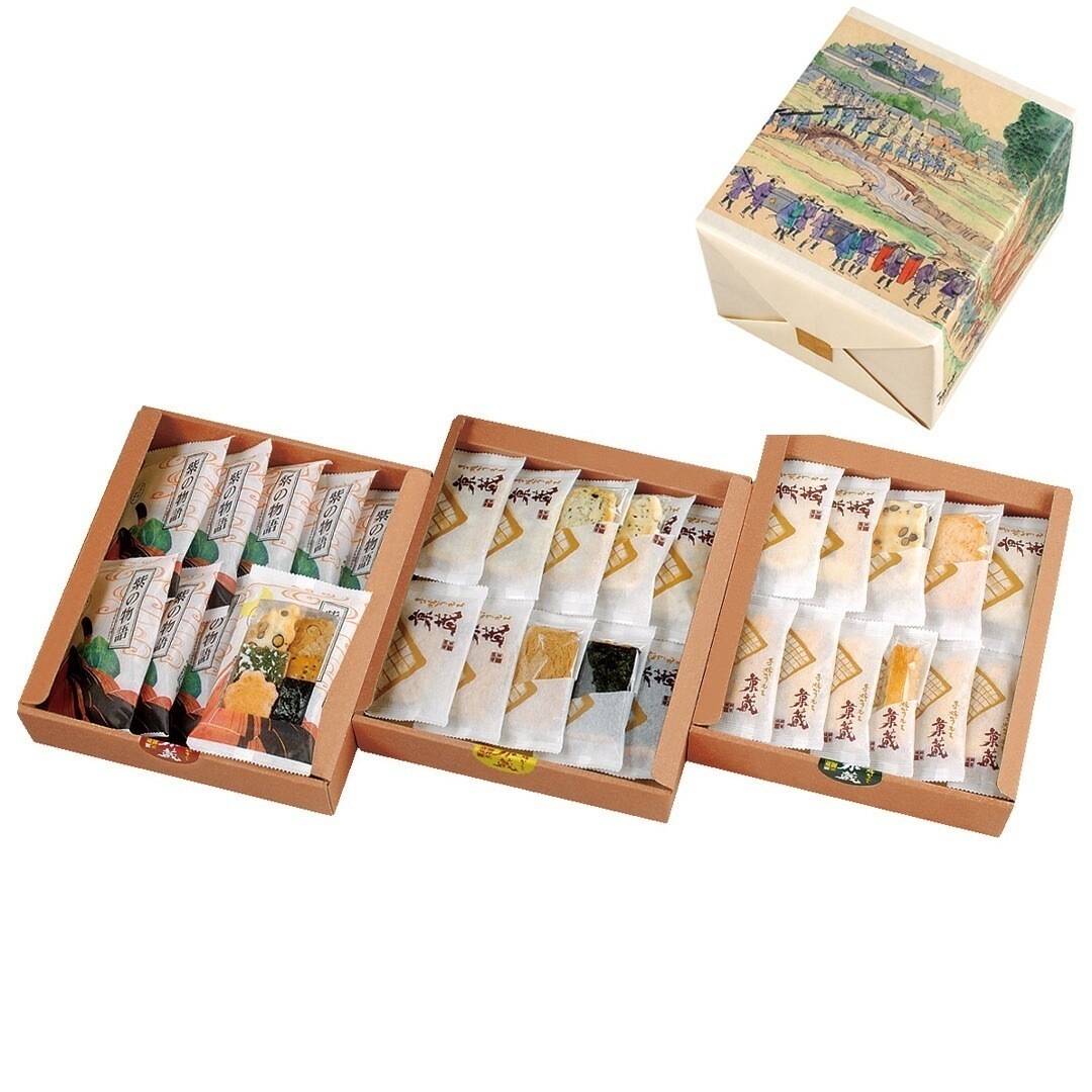 富山 御菓蔵 手焼きかきもち 菓蔵 三段重 豆 えび 青磯 醤油 ざらめ 5種かきもち5枚 昆布棒18本 のり巻5枚 紫の物語10袋 【産直メーカー直送品】