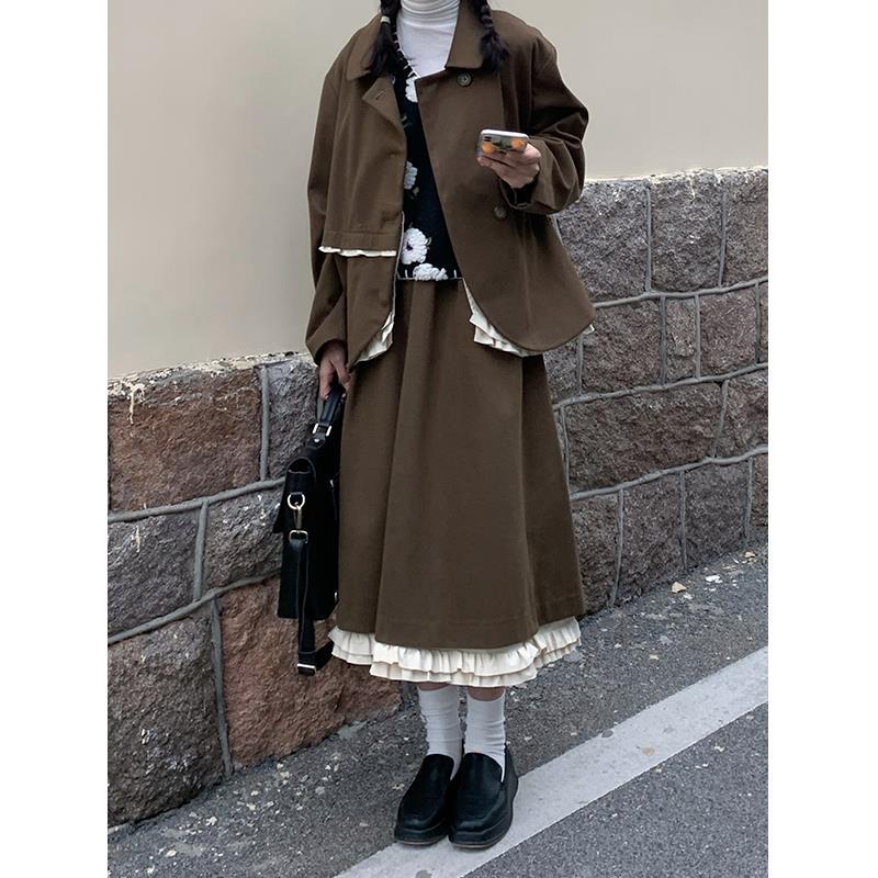 涼しく楽ちんセットアップ 秋 セット 女 学生 韓国 レトロ ラシャ+木耳縁 切り替え スカート 二点セット