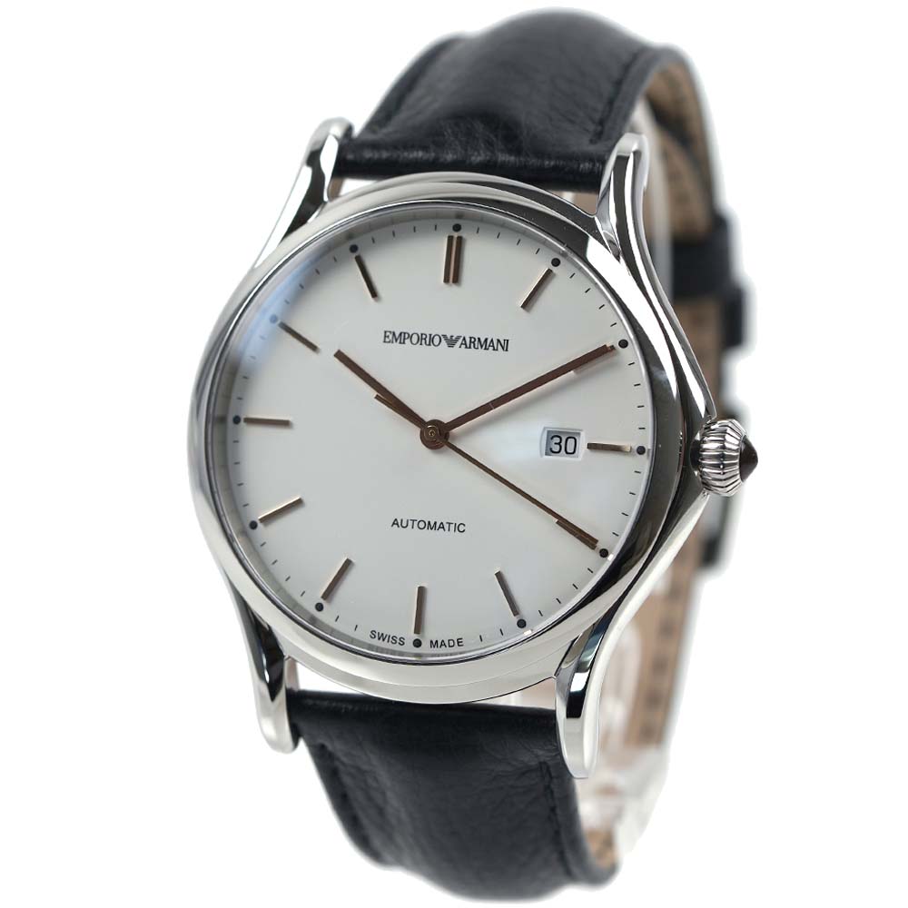 エンポリオアルマーニ スイスメイド 腕時計 メンズ 自動巻き サファイアガラス 日付カレンダー カーフレザーベルト EMPORIO ARMANI SWISS MADE ホワイト×ブラック ARS302