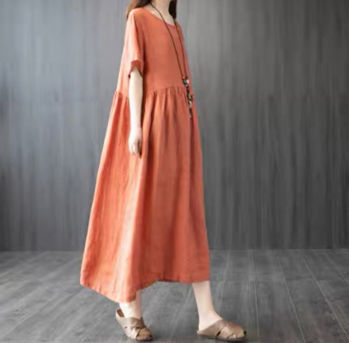 ワンピース レディース ミモレ ロング 半袖 5分袖 クルーネック フレア ハイウエスト 薄手 大人可愛い シンプル カジュアル おしゃれ エスニック こなれ感 ラフ 個性的 モード系 エレガント