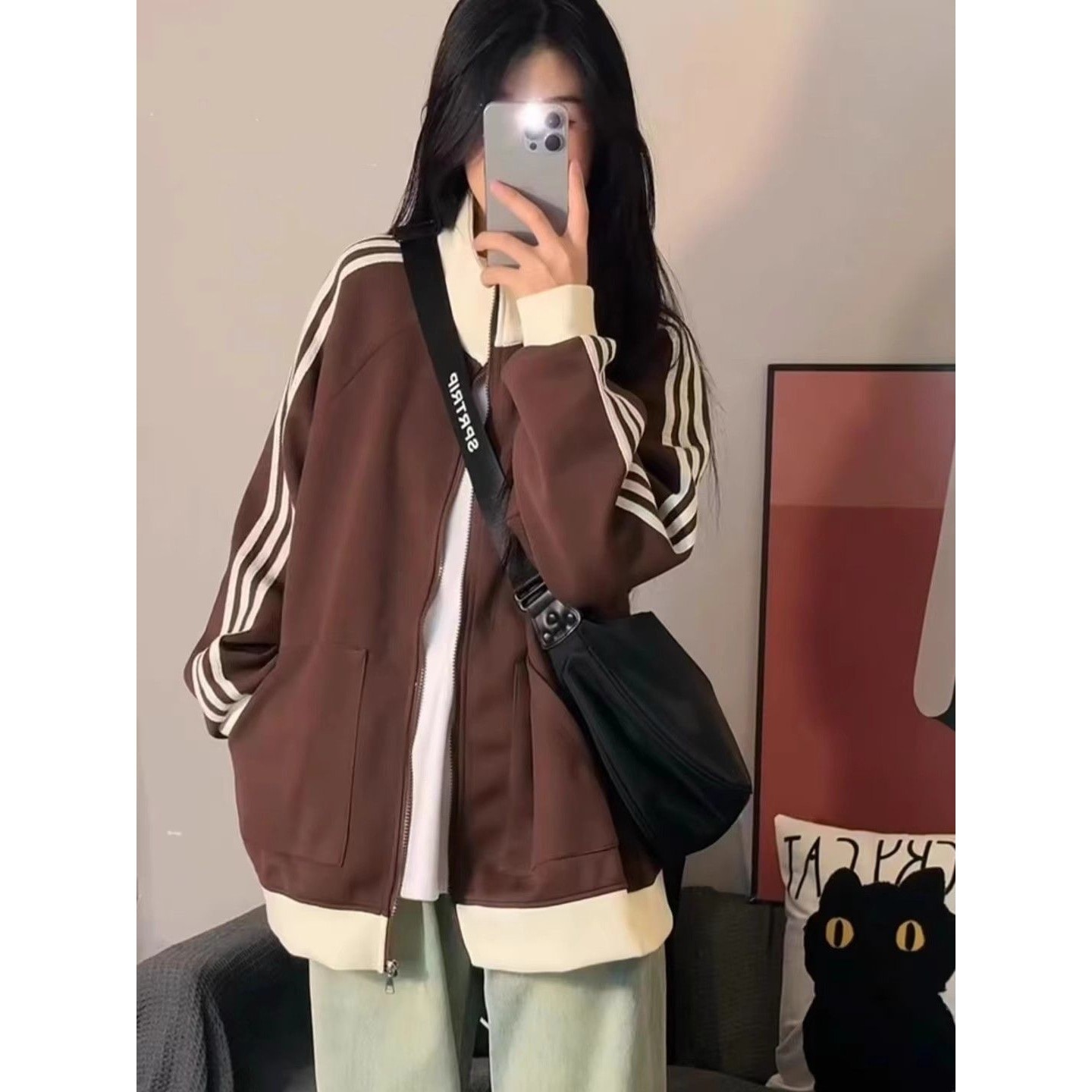 レディース用カラーブロックスタンドカラースウェットシャツジャケット汎用性の高いルーズフィットミドル丈ジップアップベースボールジャケットスポーツウェアトップス