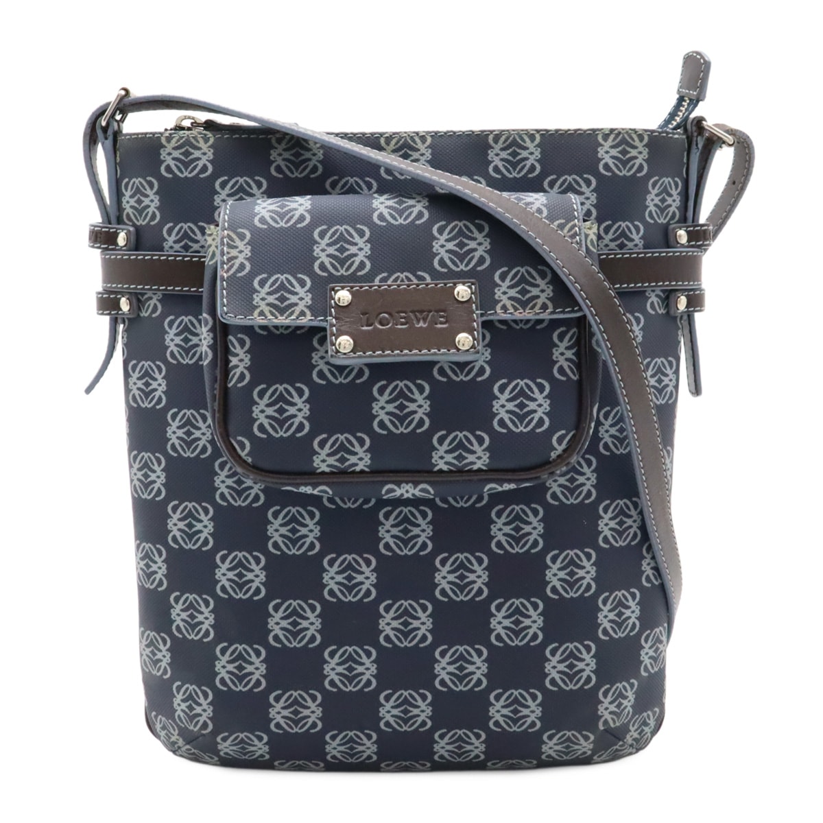 リピートアナグラム ショルダーバッグ 斜め掛け PVC レザー ネイビー 紺　ダークブラウン 茶 ポーチ付 17,850円