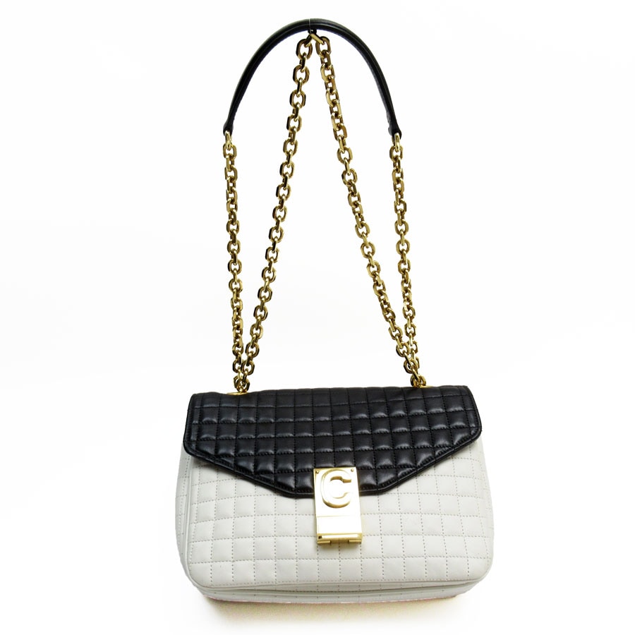 セリーヌ CELINE ショルダーバッグ C ミディアム レザー ホワイト/ブラック ゴールド レディース w0669a