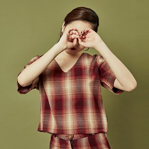 ombre check v-neck_wine [韓国直送]