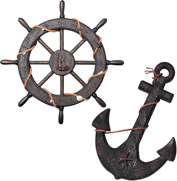 海賊 オブジェ 舵 ＆ 碇 木製 かじ いかり 舵輪 船舵 錨 アンティーク 縄タイプ( ブラウン)
