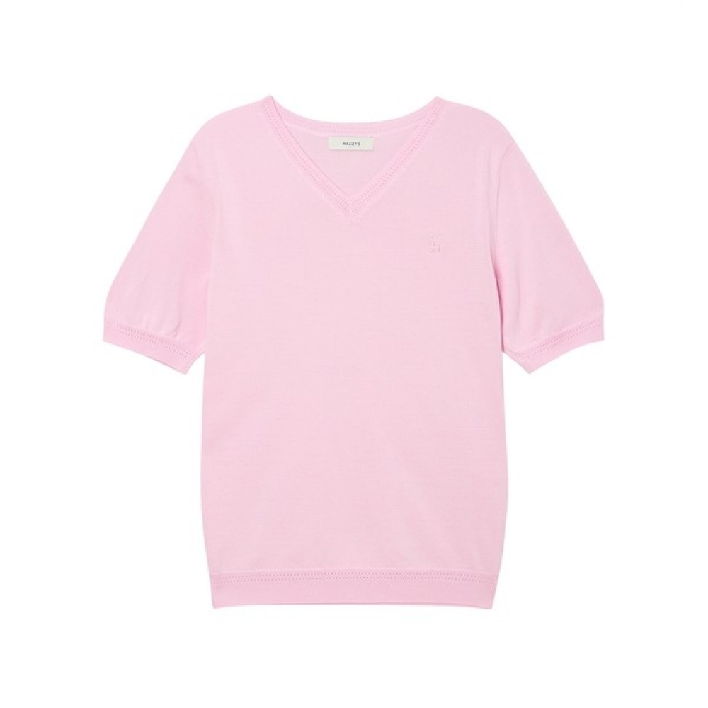 (ヘッジズレディース) 24SS ピンクソリッドコットンブレンドショートスリーブニット HSSW4BC41P2