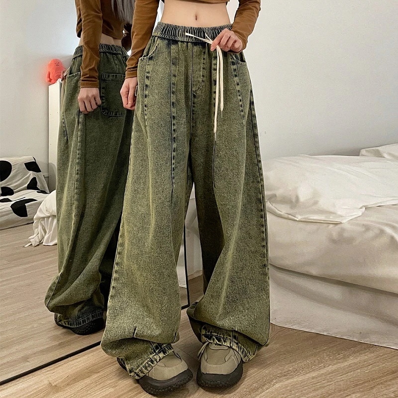 デニムパンツ ツートンデニムパンツ ジーンズパンツ ジーパン ズボン ゆったり 女性 春秋 カジュアル ズボン ボトムス ヒップホップ ダンス ファッション グリーン