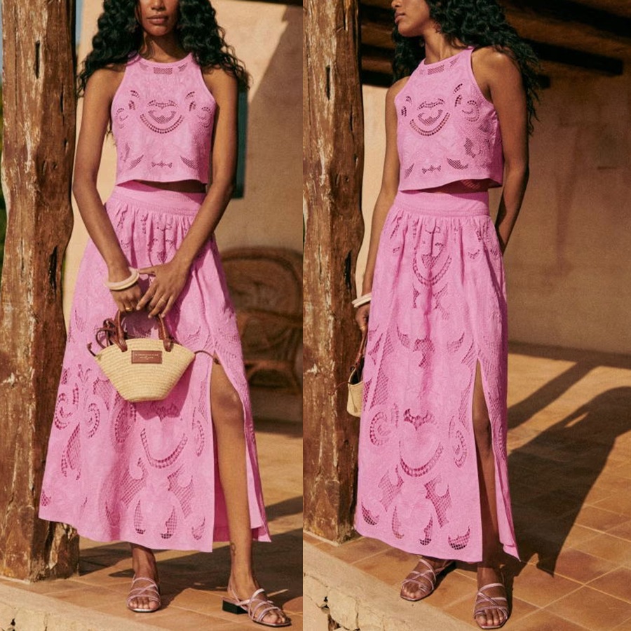 新しいヨーロッパとアメリカの新しい袖なしのスカートポケット2ピースセットカジュアルルーズバケーションスリットスーツ