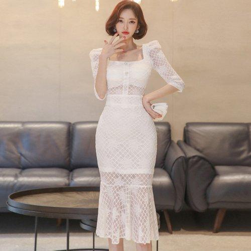 キャバドレス ナイトドレス ミディアムドレス マーメイドライン ハイウエスト ワンピース 五分袖 パール ビジュー 総レース 切り替え レディース グラシア