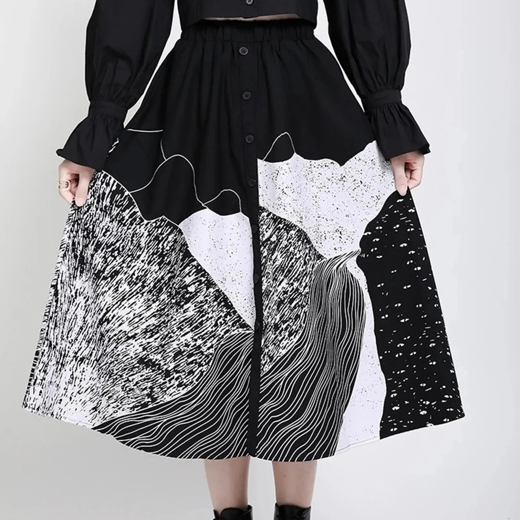 個性 不規則 デザイン アート デザイン ミモレ丈 スカート 黒 お洒落