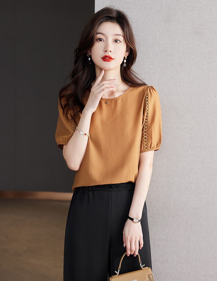 新品推奨コストパフォーマンスレディース トップス シャツ ブラウス プルオーバー 長袖 ラウンドネック 薄手 かわいい 人可愛い きれいめ シンプル 上品 おしゃれ こなれ感 M L XL 2XL ホ