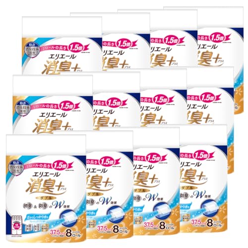 エリエール トイレットペーパー 消臭プラス(+) 1.5倍巻き 37.5m×96ロール(8ロール×12パック) ダブル パルプ100% しっかり香るフレッシュクリアの香り 【ケース販売】