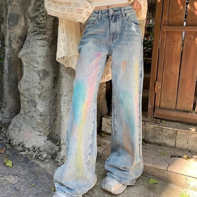 2024春夏パンツ デニム ジーンズ レインボー 虹色 ワイド ストレート ハイウエスト 脚長効果 美脚効果 細見え 春 カジュアル おしゃれ かわいい 韓国ファッション レディース お出かけ