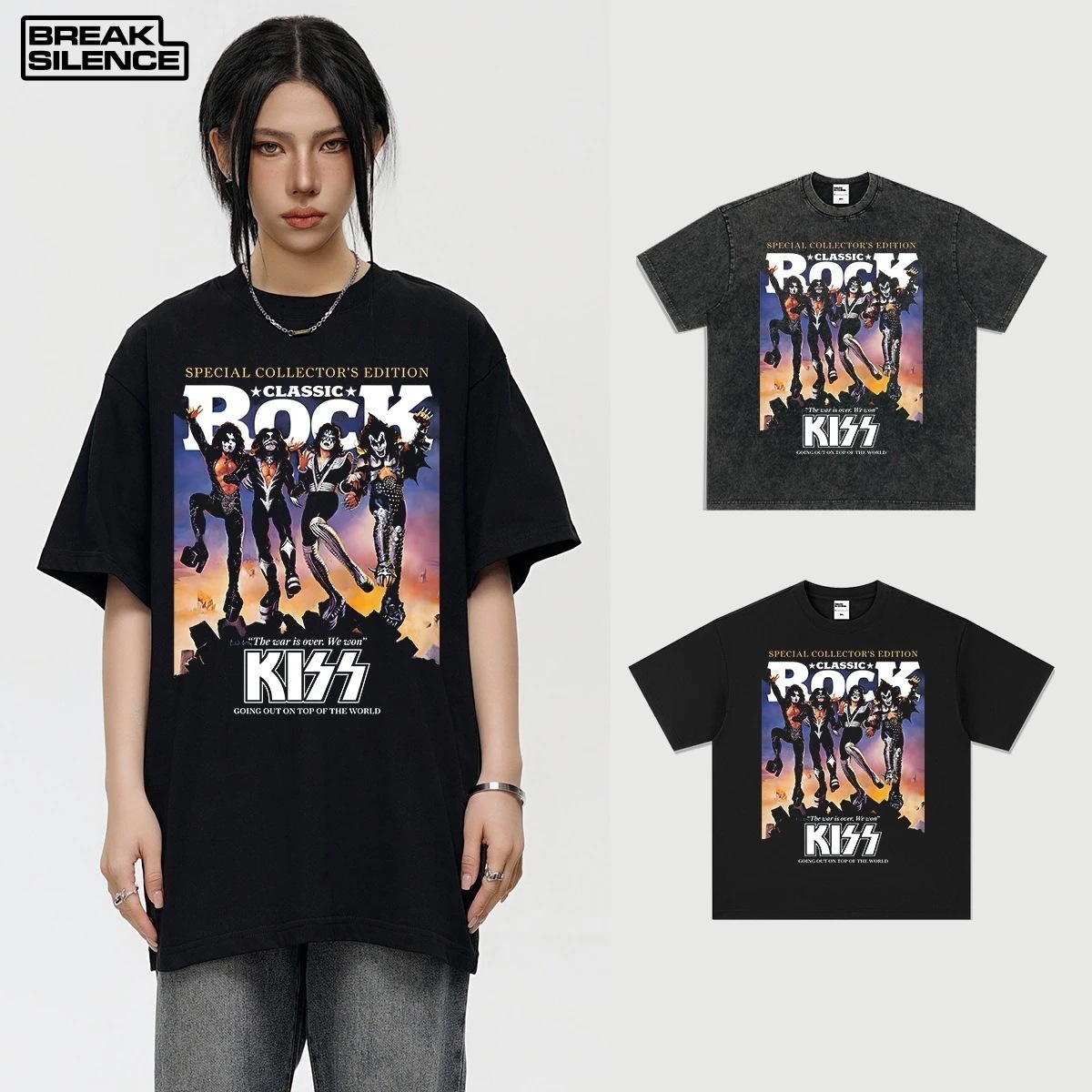 KSS ロックバンドウォッシュ半袖 T シャツ夏ルーズショルダー小さなネックライン