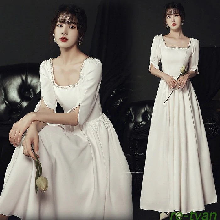 二次会花嫁 白ロングワンピースウェディングドレス 二次会ブライダル パーティー ミモレ丈 カジュアル 海外挙式発表会 エンパイア 大人 きれいめお呼ばれ服装