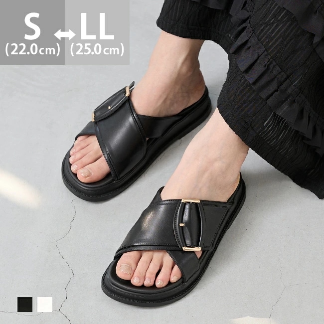 サンダル レディース ゴールドバックルボリュームソール 厚底 痛くない 歩きやすい ラウンドトゥ ダブルベルト バックルベルト フラット つっかけ スリッパ 靴下合わせ ワンマイル おしゃれ ブラック