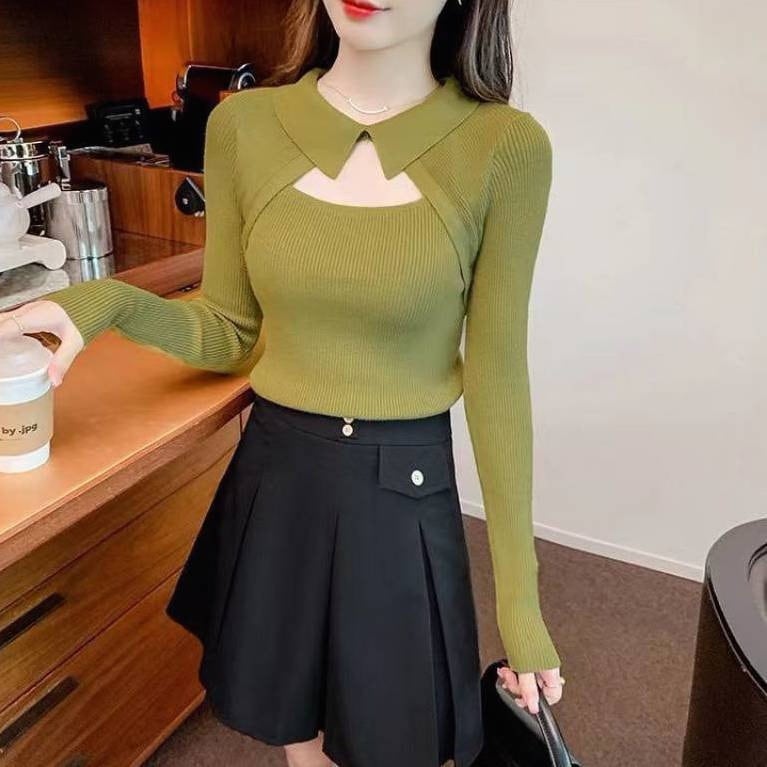 襟付きツーピースニットソー ニットソー 長袖 襟付き プルオーバー スリム 細身 韓国 レディース かわいい 可愛い 大人可愛い 大人女子 個性的 きれいめ カジュアル 大人 気品 上品