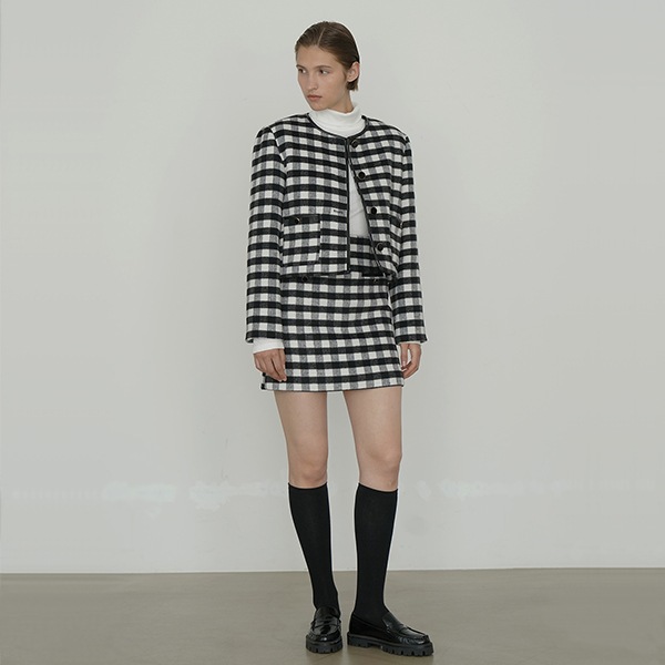 (SK-4867)Juvid check wool set-up skirt