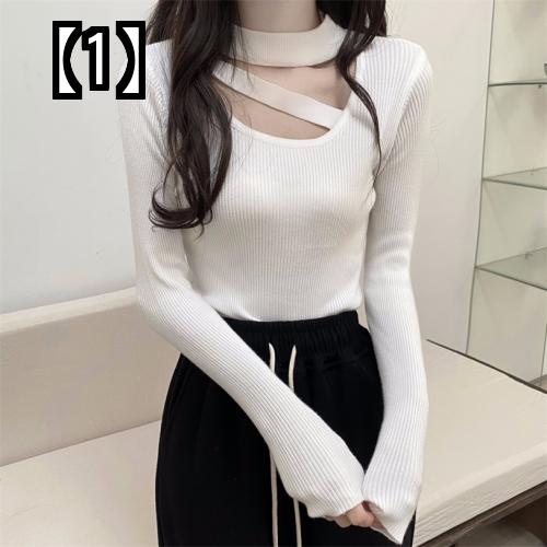 セーター レディース カットアウト デコルテ見せ チョーカー風 リブニット 秋冬 スリム 長袖 おしゃれ 無地 白 黒 ピンク デート