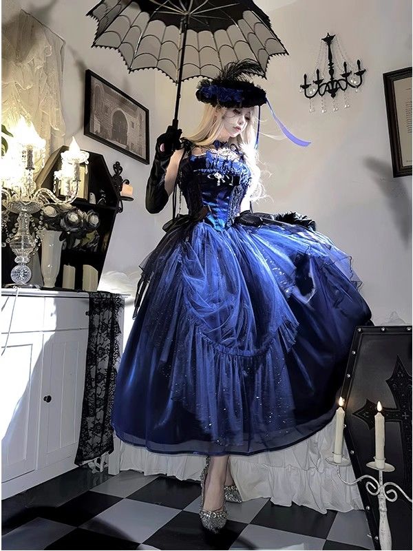 青いエレガントスパンコン薄いフラッシュ大人のドレスロリータロリータスカート大人ギフトバースデープリンセススカートワンピースドレスドレス