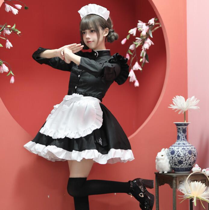 メイド服 長袖 メイドロリータ ワンピース メイド喫茶 cosplay メイド cos 可愛い ロリータワンピース ハロウィン コスチューム スカラップ 文化祭 学園祭 変身仮装 大きいサイズ ブラッ