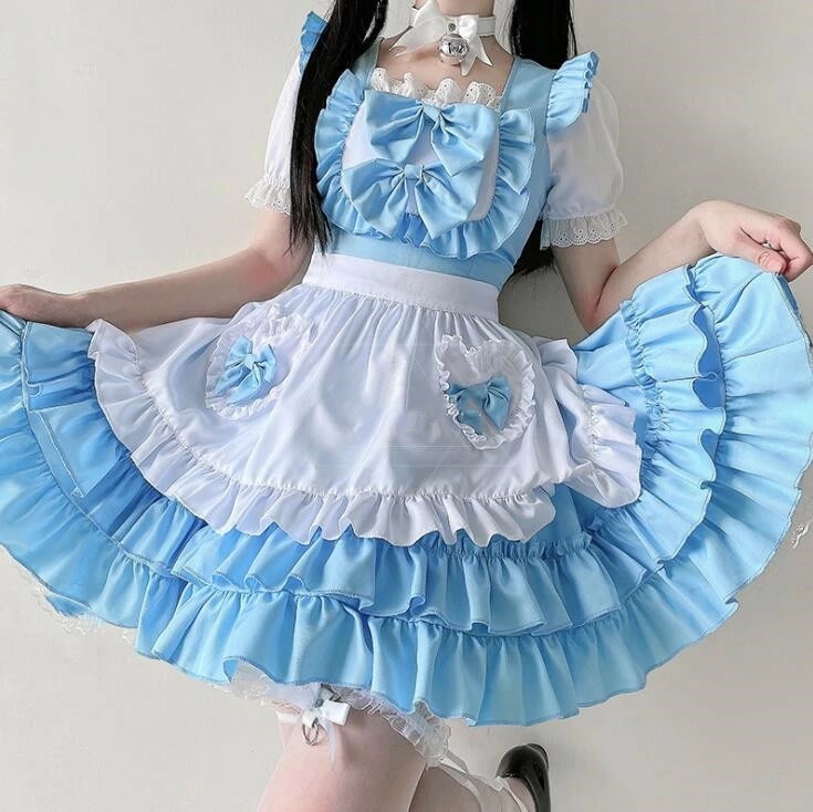 メイド服 可愛い ロリータワンピース ティアードワンピース 膝丈 ブルーメイド服 レディース ハロウィン衣裳 大人 コスチューム 半袖ワンピ エプロン リボン コスプレ 学園祭 文化祭 仮装 5,200円