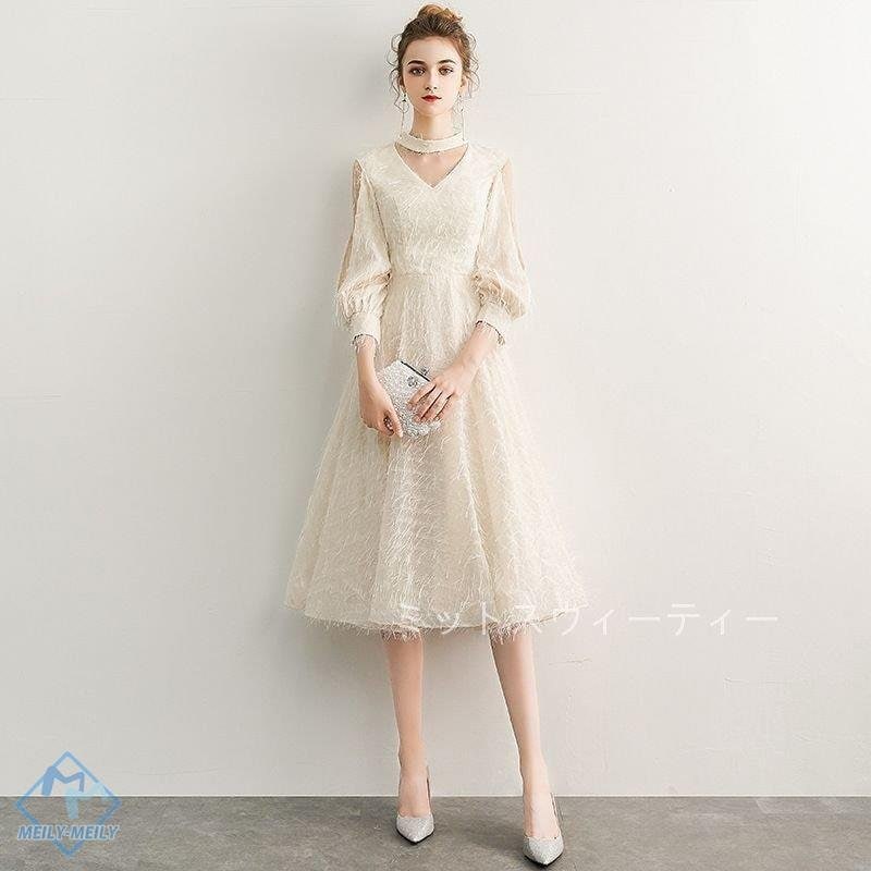 パーティードレス 演奏会ドレス カラードレス 膝丈 ロング シャンパン ホワイト ピンク ブラック