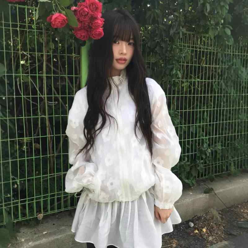 レディース 防晒 シャツ 花柄 透け感 ラジアル 薄手 外套 涼しい 日系 かわいい リゾート スタイル ポリエステル 繊維 植物 花 ワイド シルエット 単品 長袖 ラグラン 袖 スタンド カラー