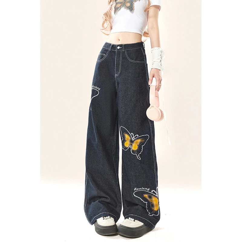 蝶刺繍ジーンズ女性夏2024新型薄いアメリカ式高腰広脚ゆるいストレート黒いズボン
