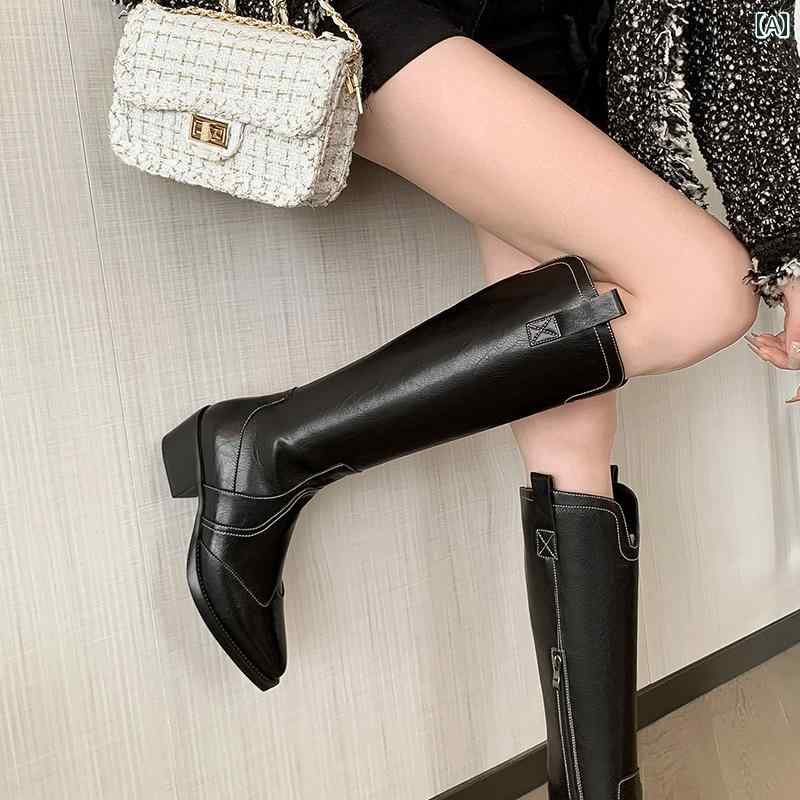 ロングブーツ レディース タイトフィット シンプル おしゃれ スタイルアップ ポインテッド ウエスタン カウボーイ ブーツ 太い ヒール 革 V 口 ナイト ブーツ