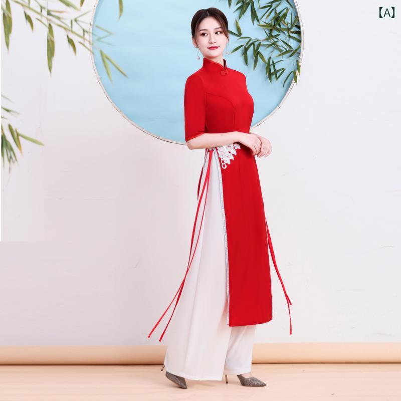 アオザイ チャイナドレス レディース エレガント ベトナム ツーピース パンツ パフォーマンス 夏 レッド
