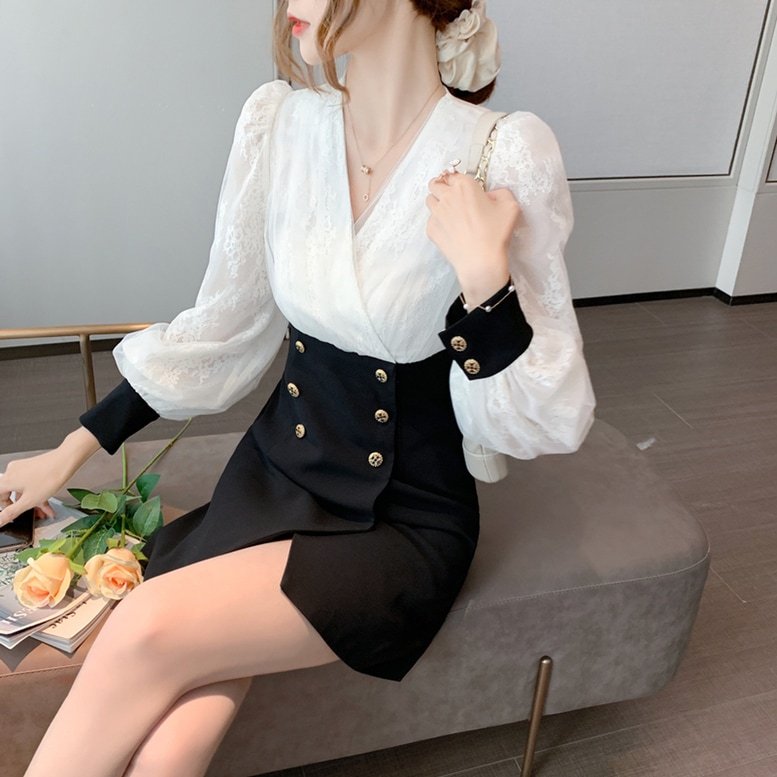 セットアップ風ワンピース レディース 送料無料 バイカラーウエストボタンワンピース 異素材切り替えワンピース ドッキングワンピース レースブラウス+ハイウエストワンピース ワンピース ドレス フォーマ